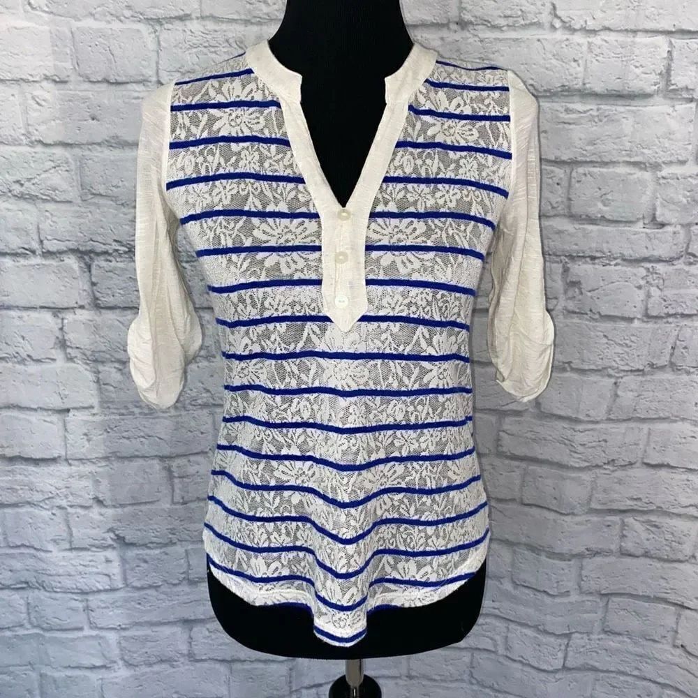 BCX women XS semi sheer 3/4 sleeve top w/floral and stripe print